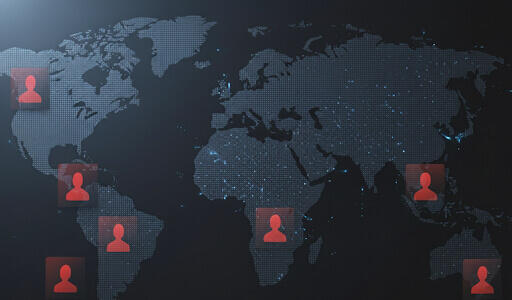 A graphic of the world map with user profile logos displayed across