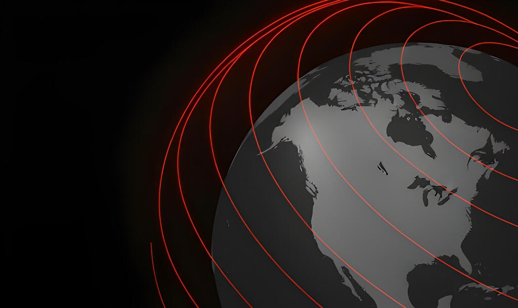 A grey earth graphic, with red curved lines going around it