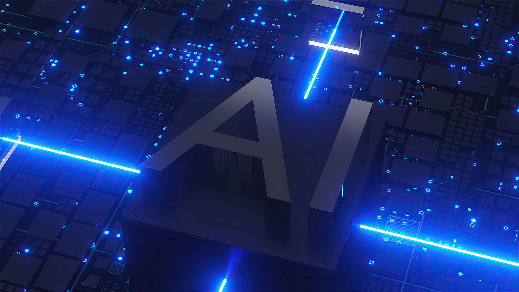 A graphic of the letters AI, with blue lines and code in the background